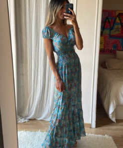 Vestido seda celeste y melocotón
