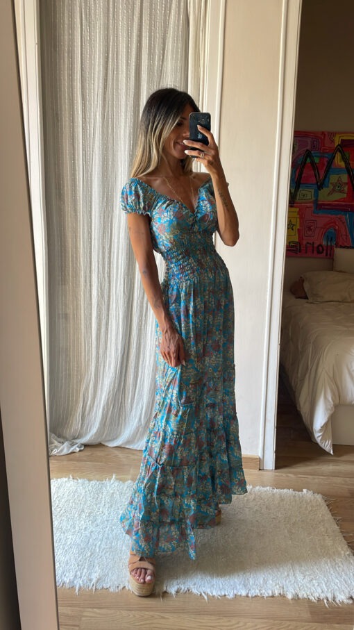 Vestido seda celeste y melocotón