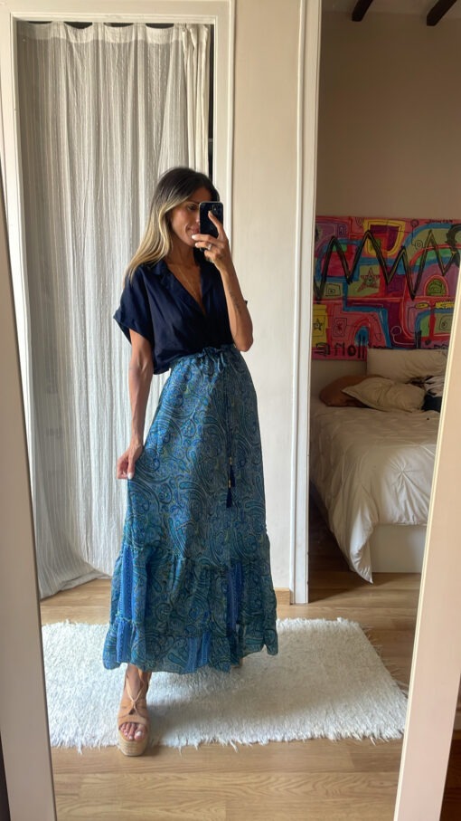 Falda seda tonos azules y lima