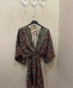 Vestido seda corto granate y mint