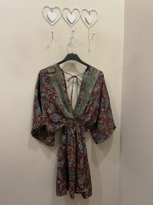 Vestido seda corto granate y mint