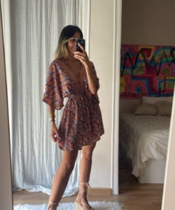 Vestido seda azulón y naranja