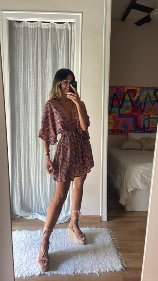 Vestido seda azulón y naranja